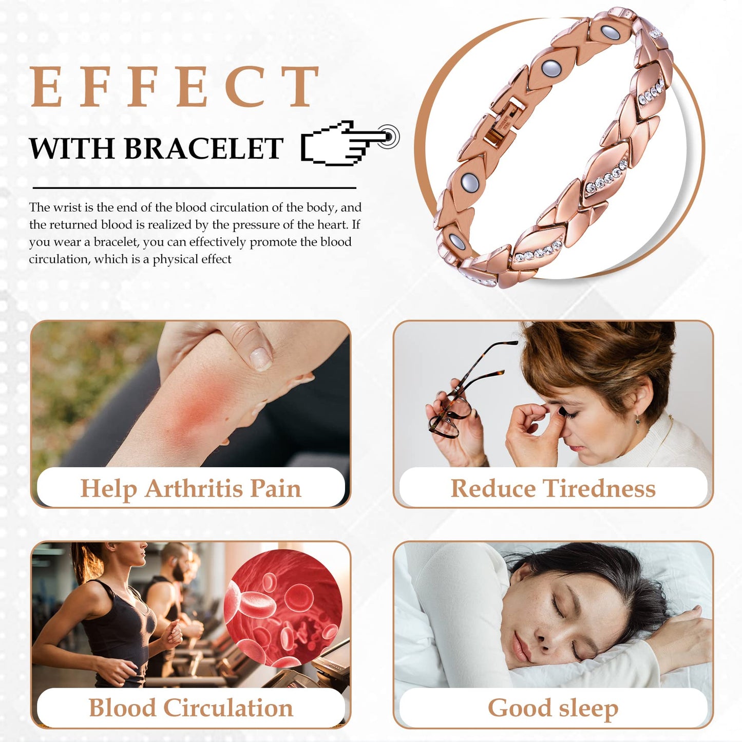 Jecanori Pure Copper Bracelets for Women,Ultra Magnetic Bracelets for Women with 3500 Gauss Magnets,Crystal Valentine's Day Jewelry Gift, Sizing Tool