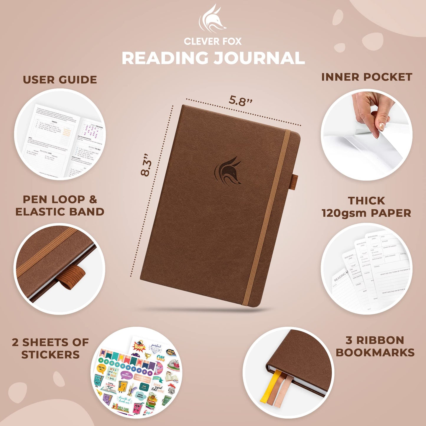 Clever Fox Reading Journal – Book Review Log – Gift Accessories for Reading Lover – Book Journal for Kids & Adults – A5, 5.8”x8.3” (Brown)
