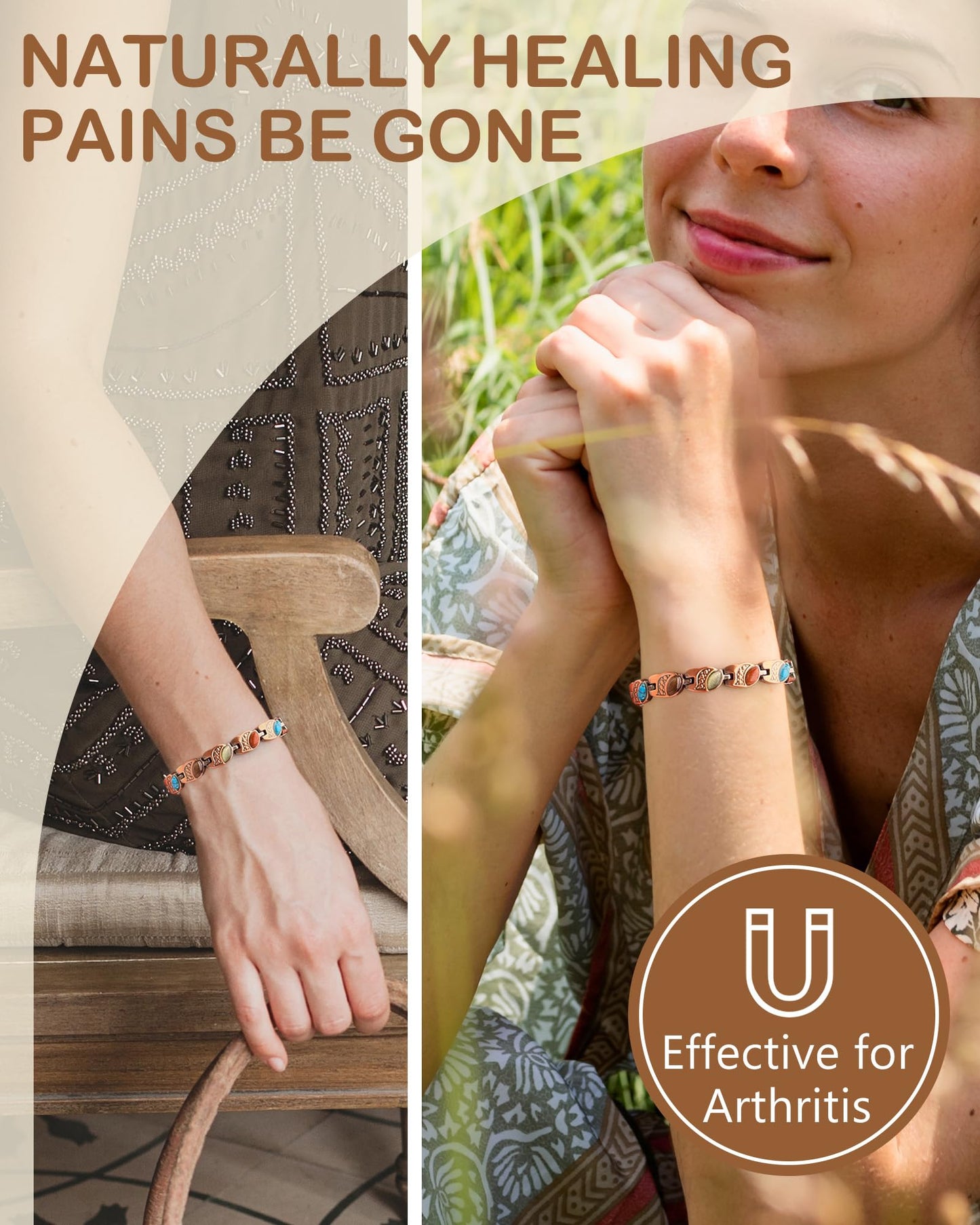 Feraco Pure Copper Bracelets for Women, Ultra Strength Magnetic Copper Bracelet with 3800 Gauss Magnets, Natural Turquoise & Stones, Adjustable, Jewelry Gift, Soul Vision