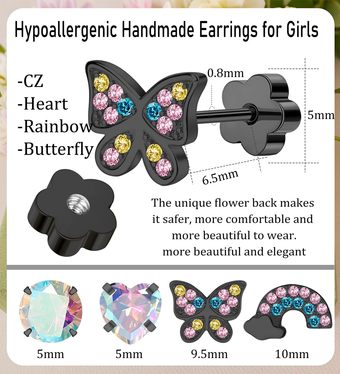 EQFE 4Pairs Hypoallergenic Earrings for Women 14K Gold Flat Back Earrings 20G Screw Back Cartilage Earring for Sensitive Skin CZ Heart Butterfly 316L Stainless Steel Stud Earrings