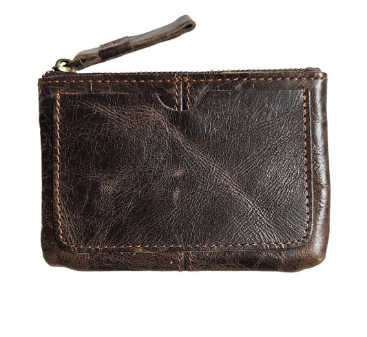 Genuine Leather Coin Purse Pouch for Women Men Vintage Cowhide Grain Leather Slim Mini Wallet Metal Zipper with Real Leather handle (Dark Brown)