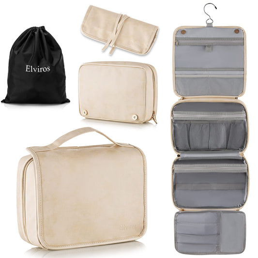 Elviros Hanging Travel Toiletry Bag for Women, 3-in-1 Large Makeup Bag and Cosmetic Organizer, Vegan Leather Waterproof Skincare Case for Travel Size Toiletries and Accessories, Gift for Women