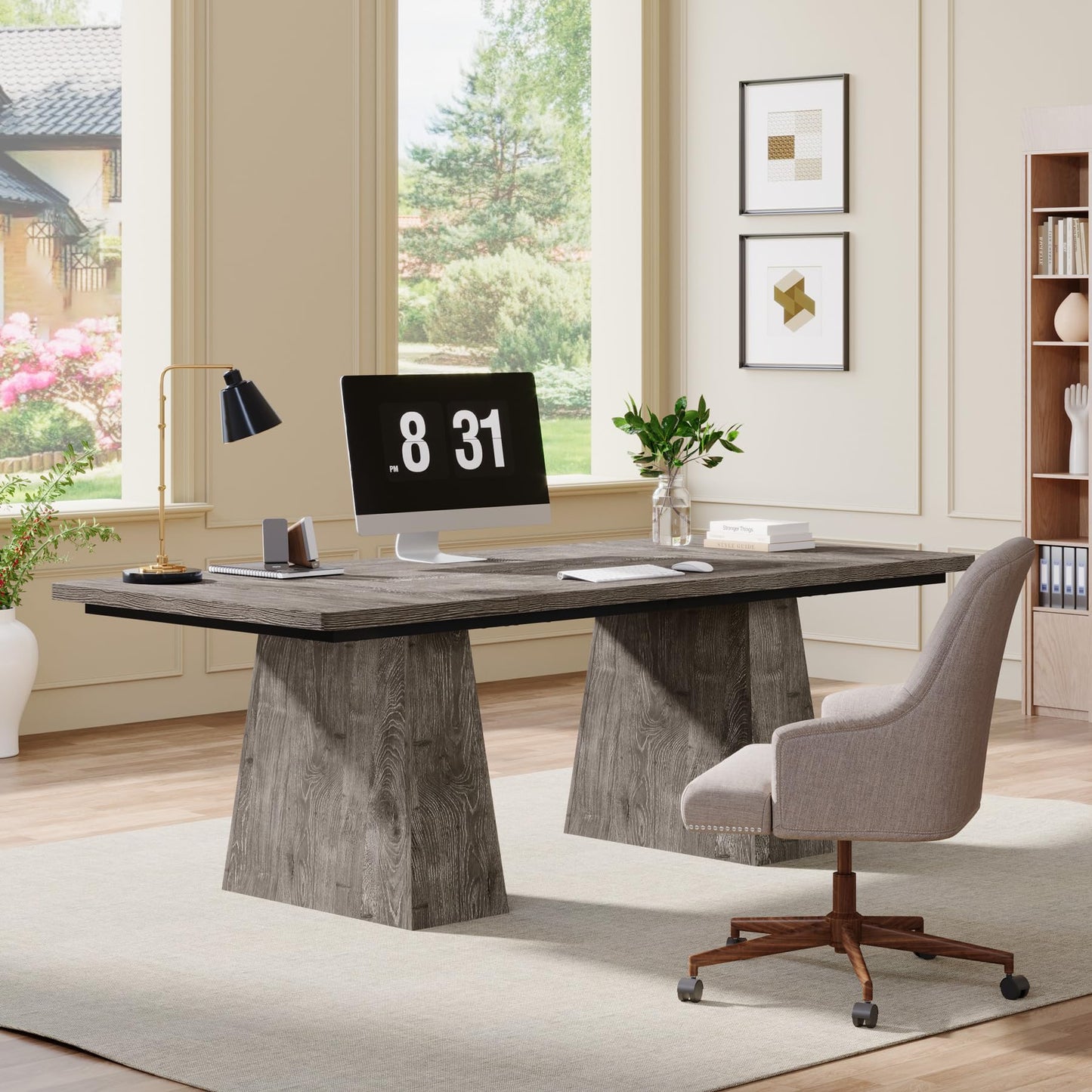 Tribesigns 63-Inch Executive Desk, Large Office Computer Desk with Double Pedestal, Modern Simple Workstations Writing Table Conference Table Business Furniture for Home Office, Grey
