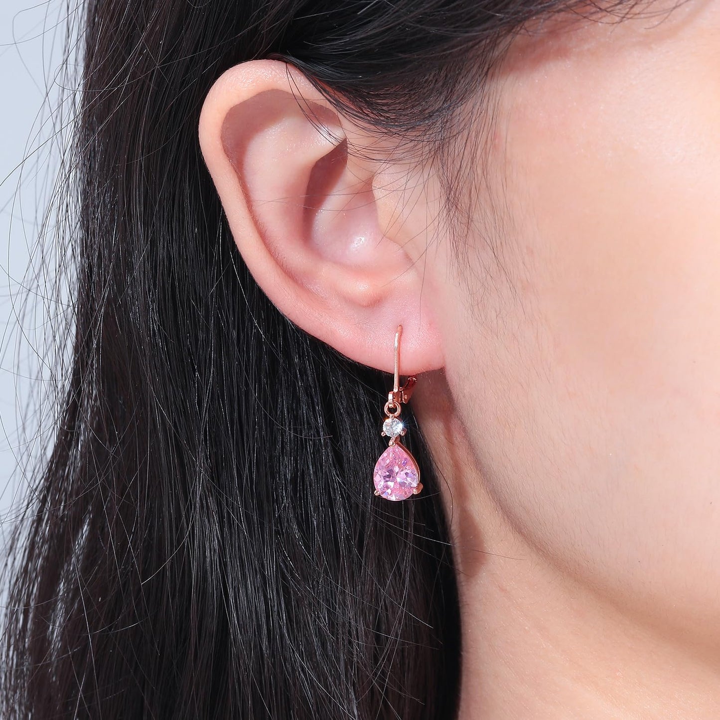 CiNily Leverback Dangle Earrings for Women 14K Rose Gold Plated Drop Earrings Pink Cubic Zircon Fashion Teardrop Hoop Earrings Hypoallergenic Jewelry