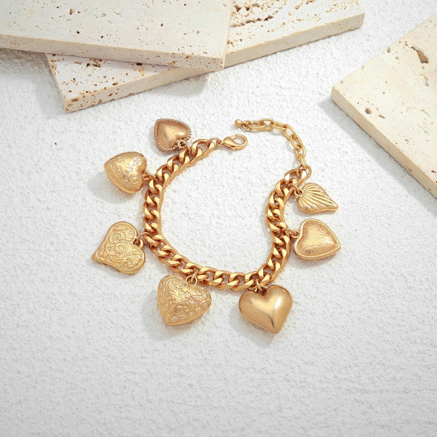 ENSKEFEN Vintage Gold Heart Charm Bracelets for Women Chunky Cuban Chain Bracelet with 7 Love Hearts Charm Adjustable Matte Gold Heart Bracelet