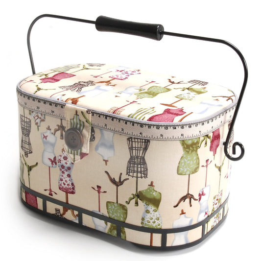 Dritz Large Oval Sewing Basket with Metal Handle, Vintage Dress Form Print