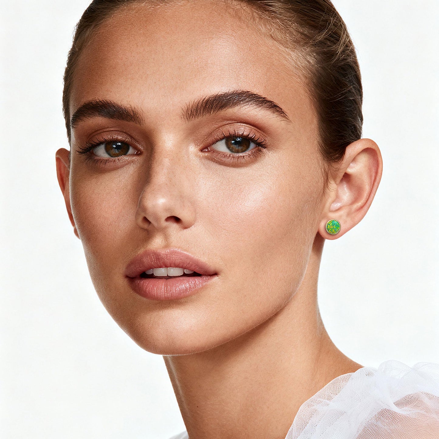 JiayangJY Silver Green Fire Opal Stud Earrings for Women Sterling Silver Round Shape 6mm Opal Earrings with Push Back
