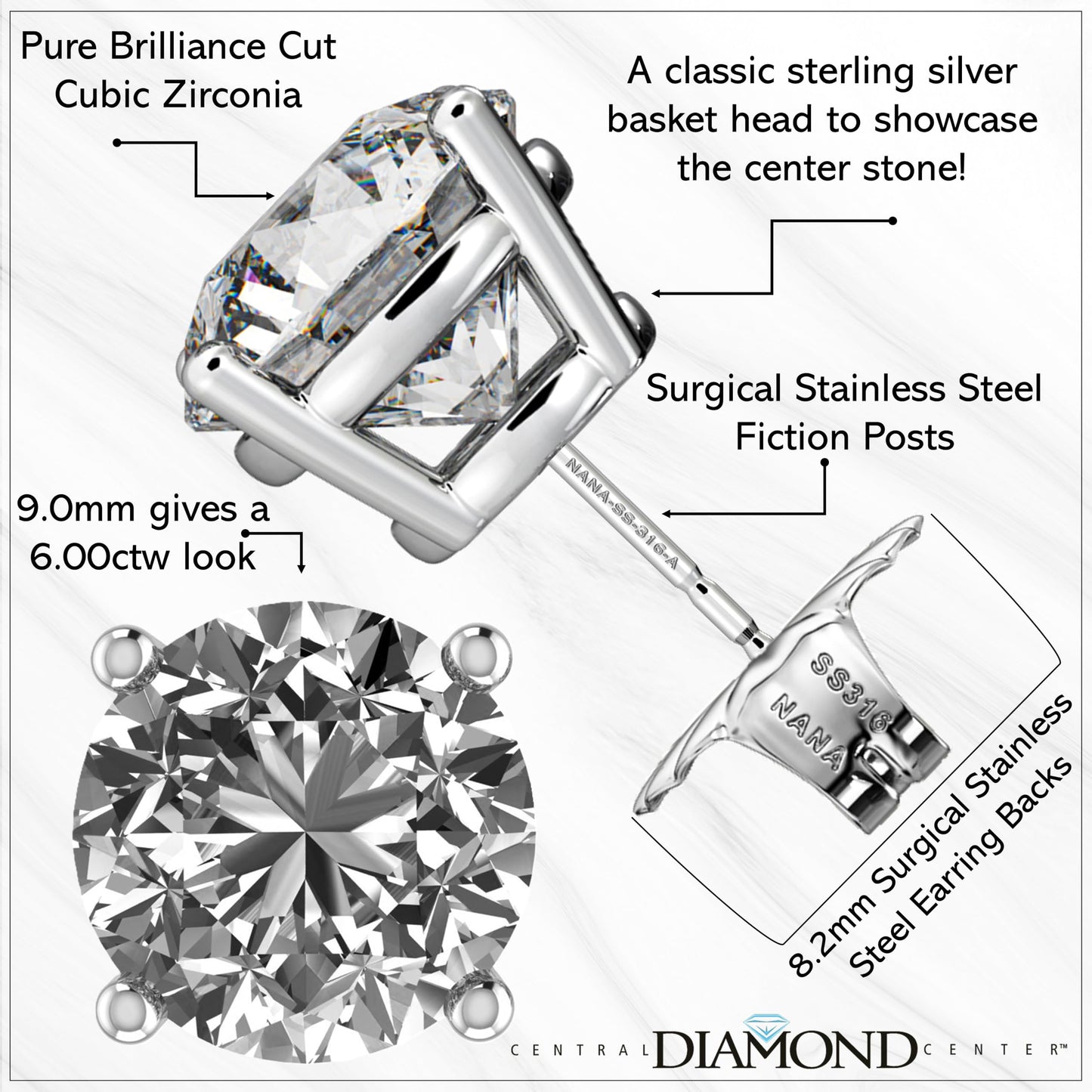Central Diamond Center Round Simulated Diamond Stud Earrings Hypoallergenic Metal & Sterling Silver CZ - 9.00mm (6.00cttw) Yellow