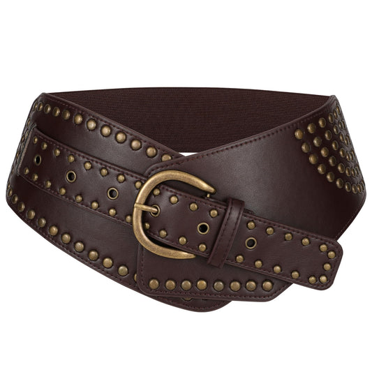 JASGOOD Women Vintage Wide Elastic Belt Rivets Studded Stretchy Waist Belt with Metal Buckle