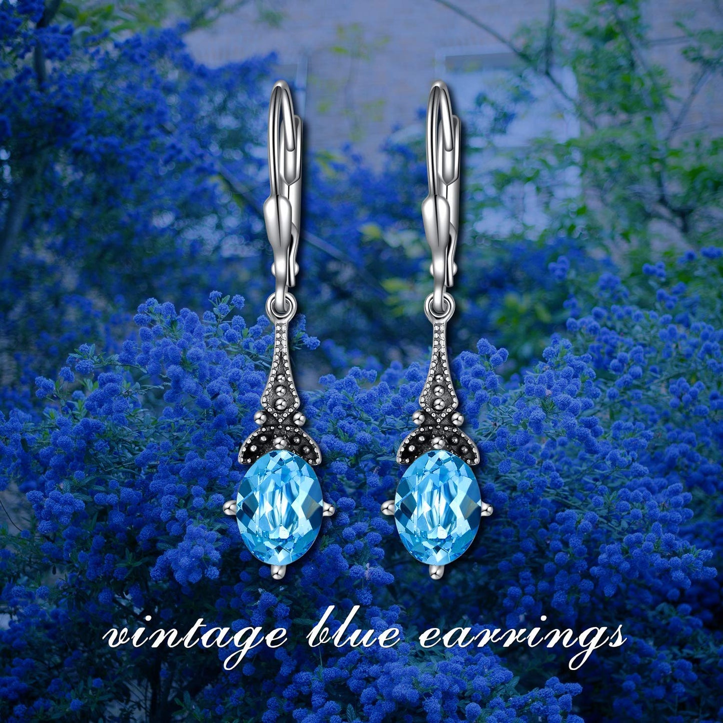 Leverback Drop Earrings Sterling Silver Retro Vintage Earrings with Oval Simulated Aquamarine, Crystal from Austria, Birthstone Earrings Gifts for Women