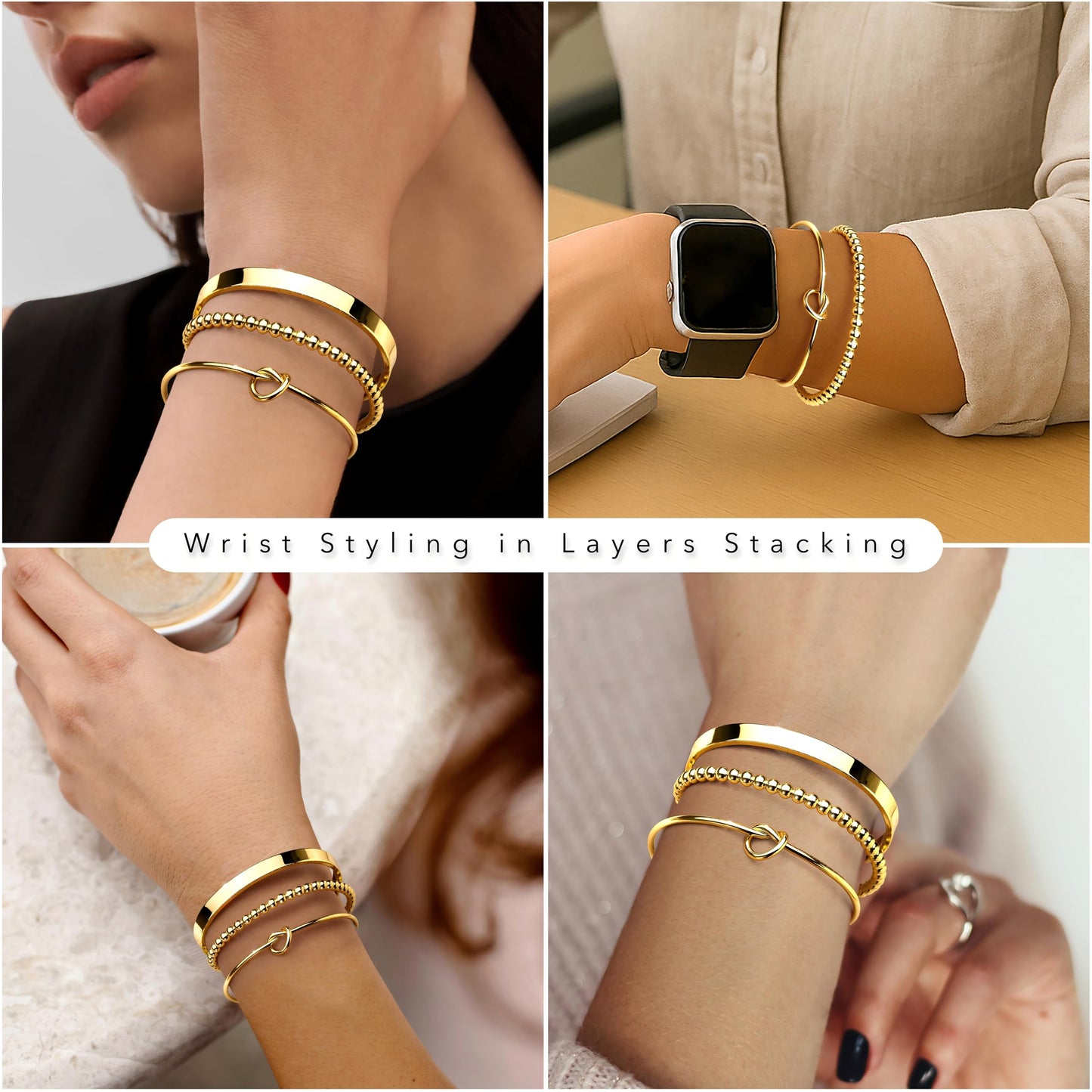 Gold Cuff Bracelets Stack for Women, 14K Real Gold Plated Bangle Link Chain Bracelets, Trendy Waterproof Jewelry Gifts Adjustable