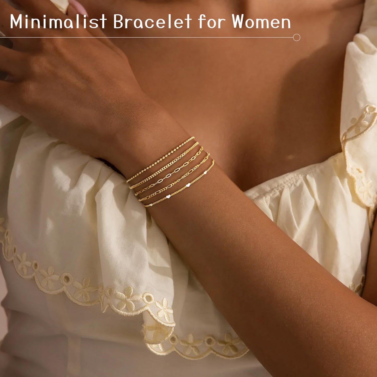 Gold Bracelets for Women Waterproof, Gold Dainty Jewelry Sets Gifts for Women, Stackable Layered Simple Thin Beaded/Cuban/Paperclip/Heart/Figaro Bracelets for Women Fashion Accessories