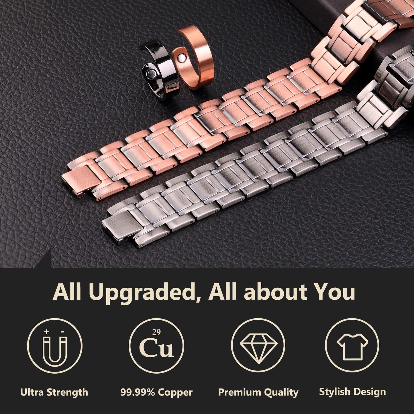 Feraco Copper Bracelets for Men & Copper Ring-Pure Copper Magnetic Bracelet with 57 Ultra Powerful 3500 Gauss Neodymium Magnets,Adjustable Wrist Bracelet,Gifts for Men (Copper with Ring)