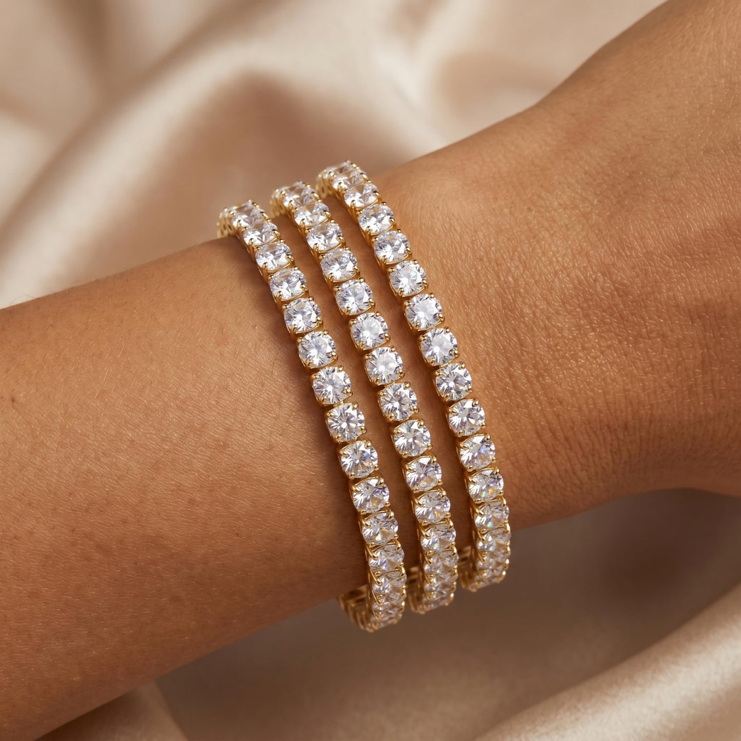 Chunky 4mm Gold Tennis Bracelet Set for Women, 14K Gold Plated Triple Stackable Large Zirconia Bracelets, Bold Statement Jewelry, 3-Piece Heavy-Shine Link Set, Y2K Fashion Accessory