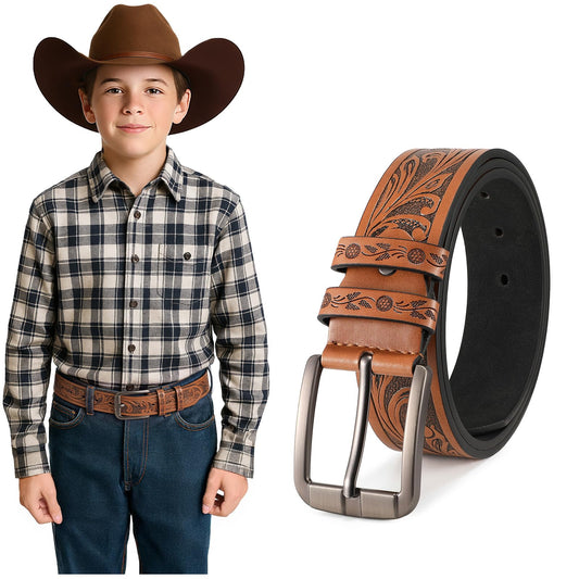 UpFind Boys Western Leather Belt Engraved Kids Cowboy Belt with Pin Buckle for Jeans Pant School Uniform Dress Up, 1.5" Wide