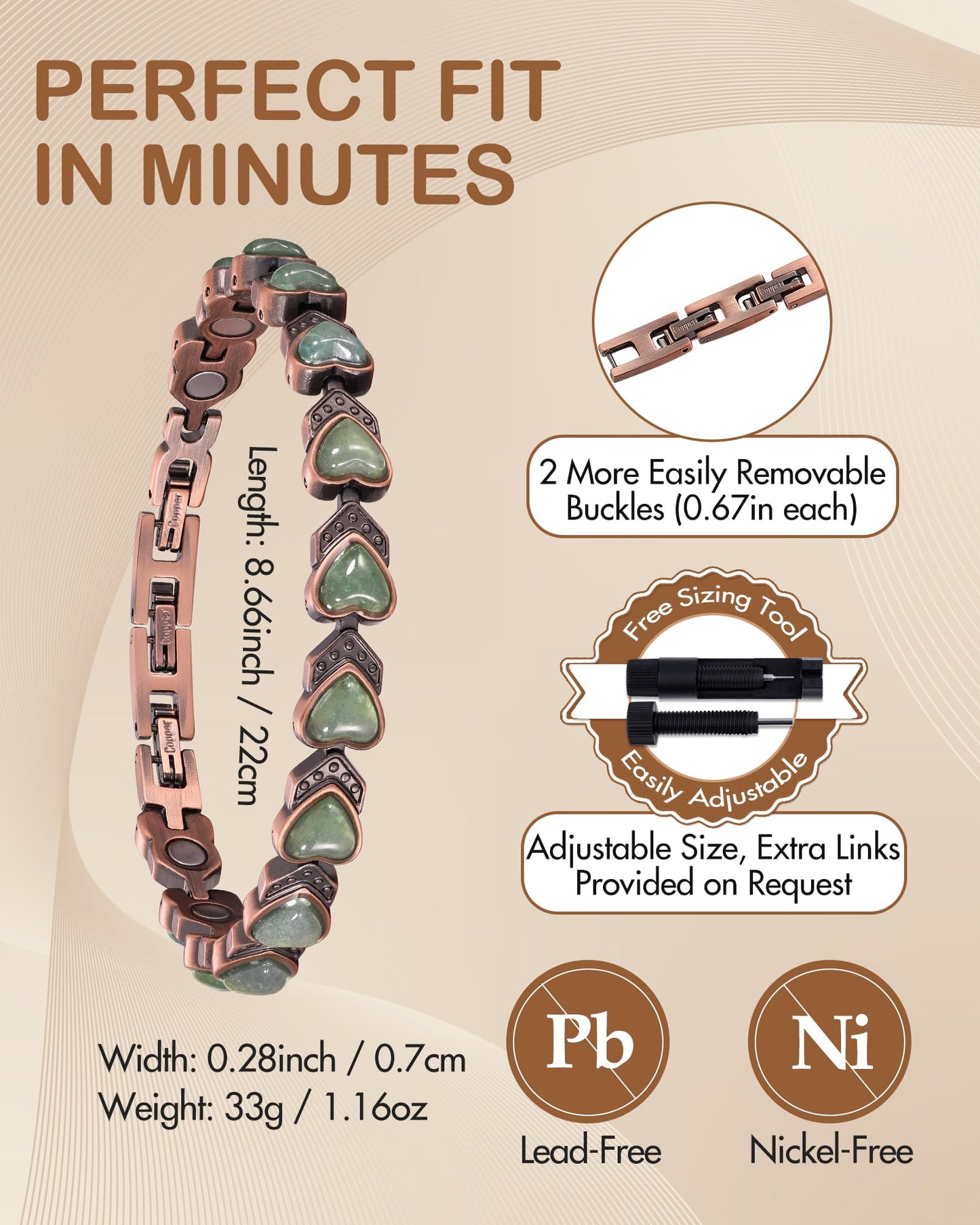 Feraco Pure Copper Bracelets for Women, Ultra Strength Magnetic Bracelet with 3800 Gauss Magnets & Natural Aventurine, Adjustable Jewelry