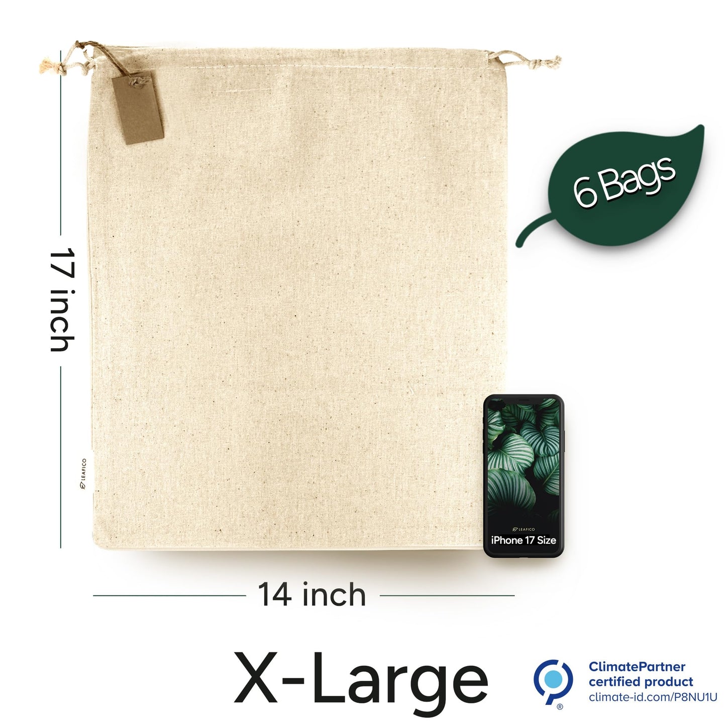 LEAFICO Cotton Storage Bags – X-Large 14x17 Inch (6-Pack) – Reusable Muslin Bags with Drawstrings – Biodegradable Canvas Fabric Sacks – Perfect for Bread, Bulk Produce, Potatoes, Onions, Shoes