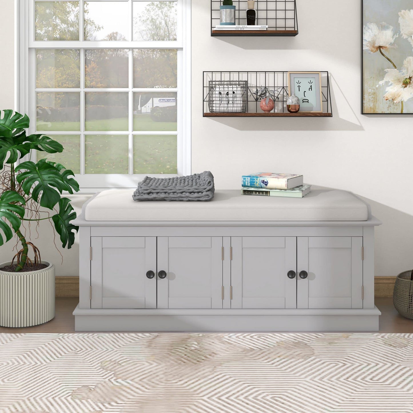 Merax Rustic Wood Entryway Bench with 4 Doors Shoe Cabinet for Hallway Front Door Gray Wash