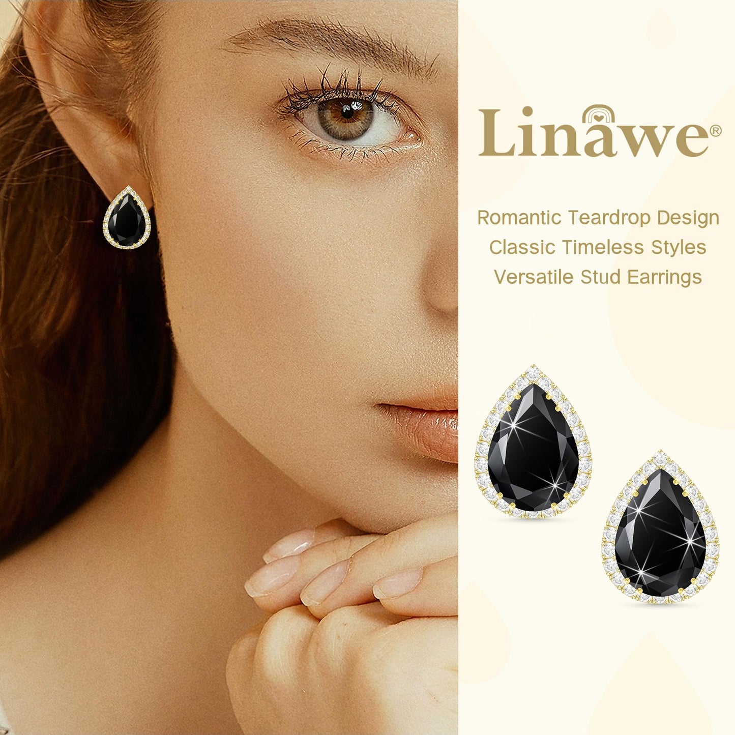 Linawe Black Earrings for Women, Gold Stud Earrings, Imitation Diamond Cubic Zirconia Teardrop Rhinestone Crystal Earrings Studs, Statement Unique Dainty Costume Jewelry Vintage
