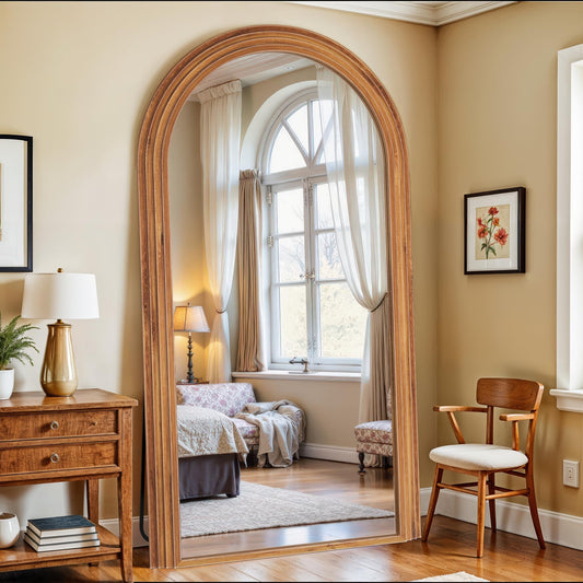 Antok Full Length Mirror 82"×44" Floor Mirror Standing Tall Mirror, Arched Stand up Large Wall Mirrors, Freestanding Full Body Mirrors for Bedroom Living Room Wood Vintage Style Brown