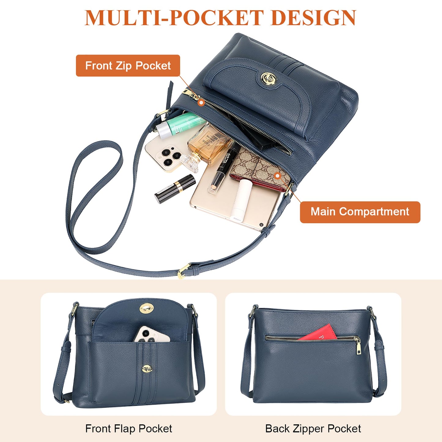 Over Earth Genuine Leather Crossbody Bags for Women Trendy Purses and Ladies Shoulder Handbags(O202E-2G Indigo Blue)