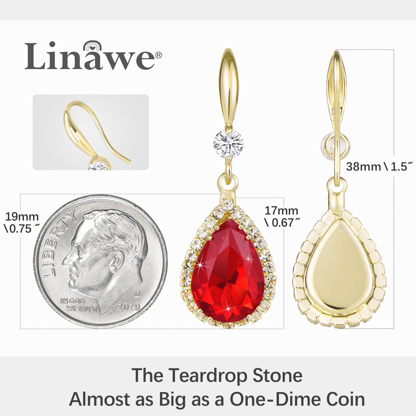 Linawe Red Ruby 14K Gold Dangle Earrings for Women Trendy, Imitation Diamond Wedding Drop Earrings, Rhinestone Cubic Zirconia Crystal Earrings Set, Teardrop Birthstone