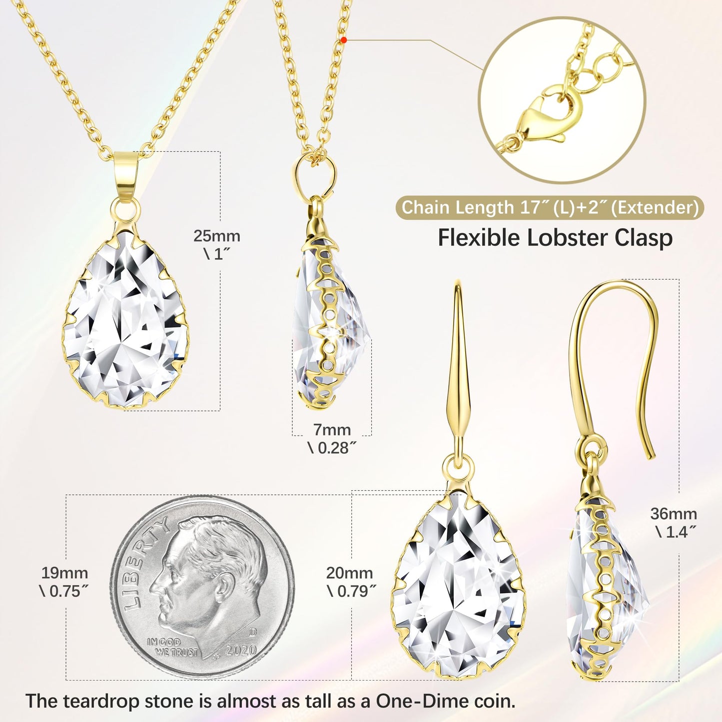 Linawe Wedding Jewelry Sets for Brides Bridesmaid, Crystal Imitation Diamond Pendant Necklace Set, Gold Drop Dangle Earring Set, Rhinestone Cubic Zirconia Birthstone Teardrop Matching Jewelry