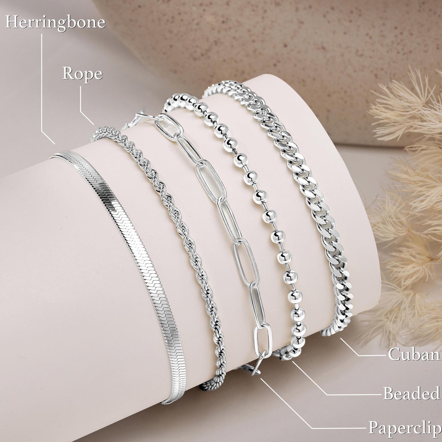 Silver Bracelets for Women Non Tarnish, Dainty Waterproof Silver Stackable Bracelet Set Stack With Beaded, Cuban, Paperclip, Snake, Rope, Silver Jewelry Gifts for Women Trendy