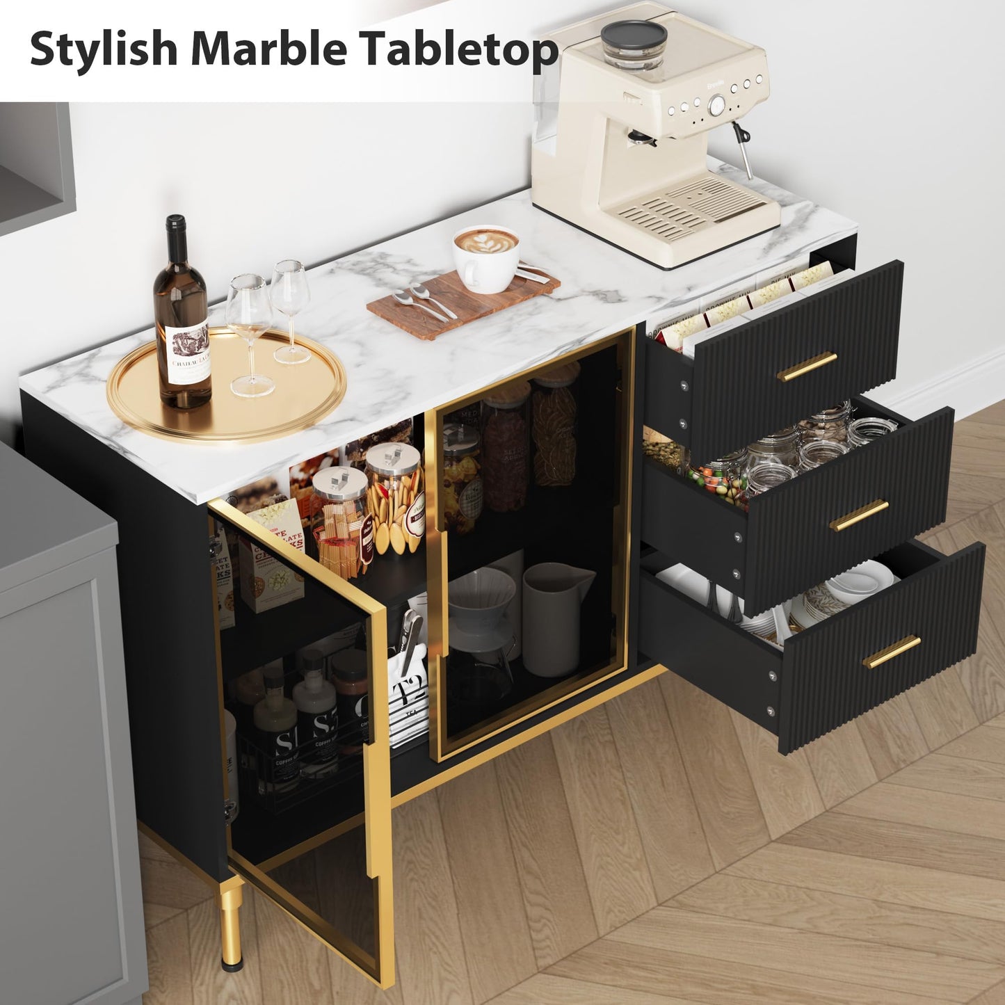 GAOMON Buffet Sideboard Cabinet with Storage, 46.4" Large Fluted Kitchen Sideboard Cabinet with 2 Glass Doors 3 Drawers and Shelves, Faux Marble Top Buffet Table for Dining Room, Living Room, Black