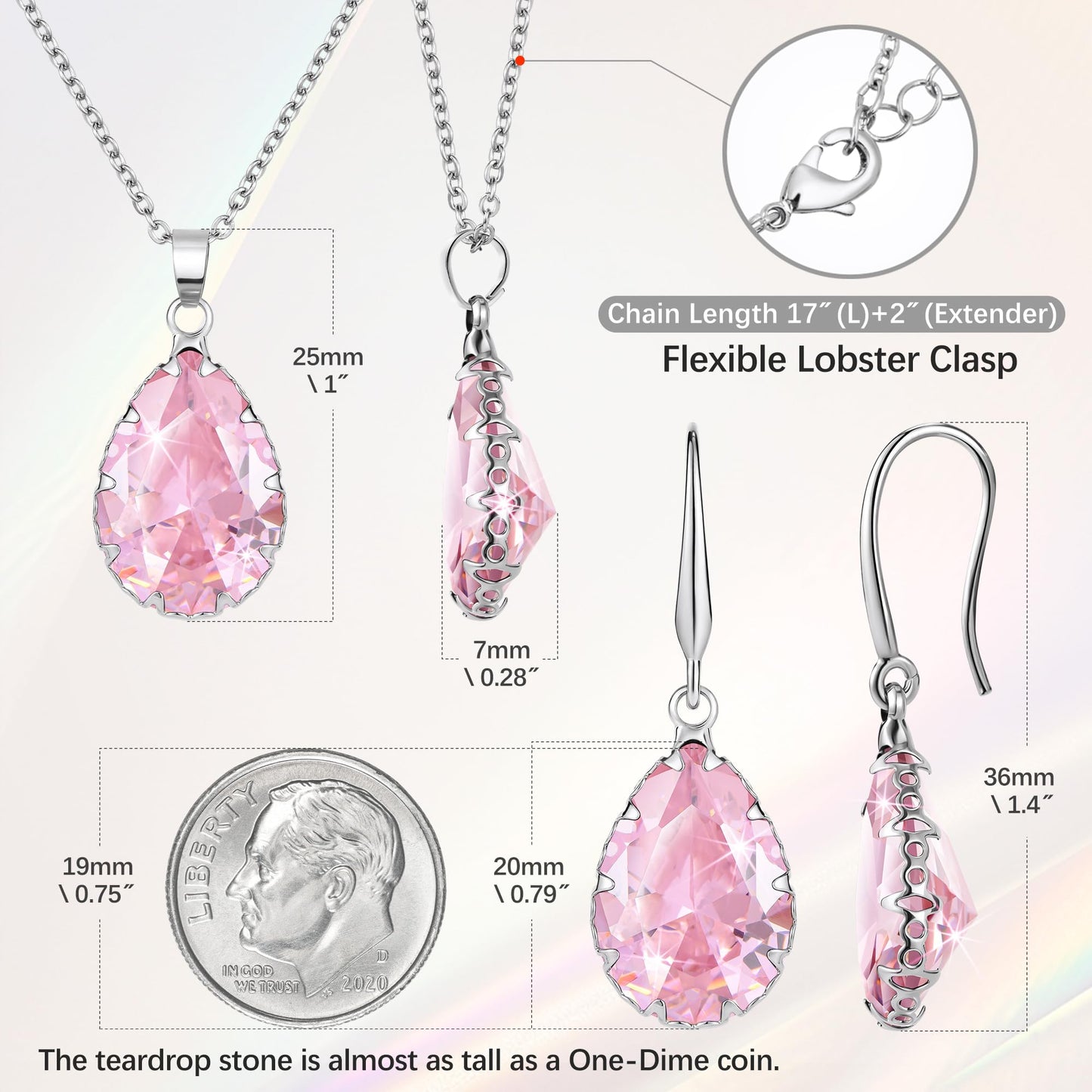 Linawe Pink Jewelry Sets for Women, Crystal Pendant Necklace Set Silver, Imitation Diamond Rhinestone Cubic Zirconia Birthstone Teardrop Dangle Drop Earrings, Matching Necklace Wedding Earring Set