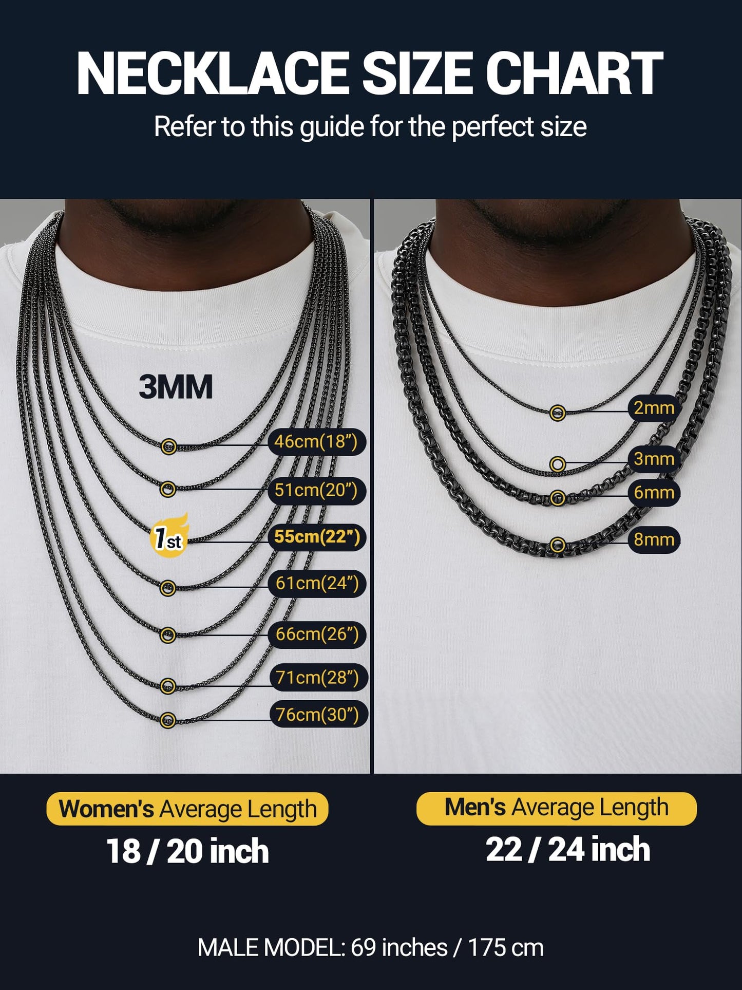 PROSTEEL Squre Rolo Link Chains, Black Stainless Steel Chain Necklace Waterproof & Non Tarnish 3mm Link Chains for Men and Women Jewelry with Gift Box 20in