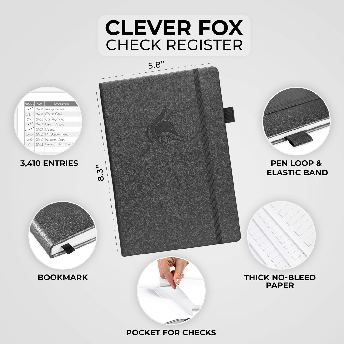 Clever Fox Check Register Book - Deluxe Transaction Register, Accounting Ledger Book, Checkbook Register & Checking Account Register Book for Personal and Work Use, A5 Hardcover - Mystic Gray