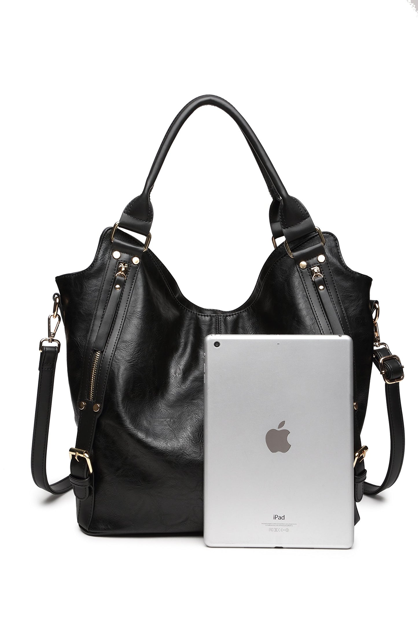 Women Tote Bag Handbags PU Leather Fashion Hobo Shoulder Bags with Adjustable Shoulder Strap (Black, L)
