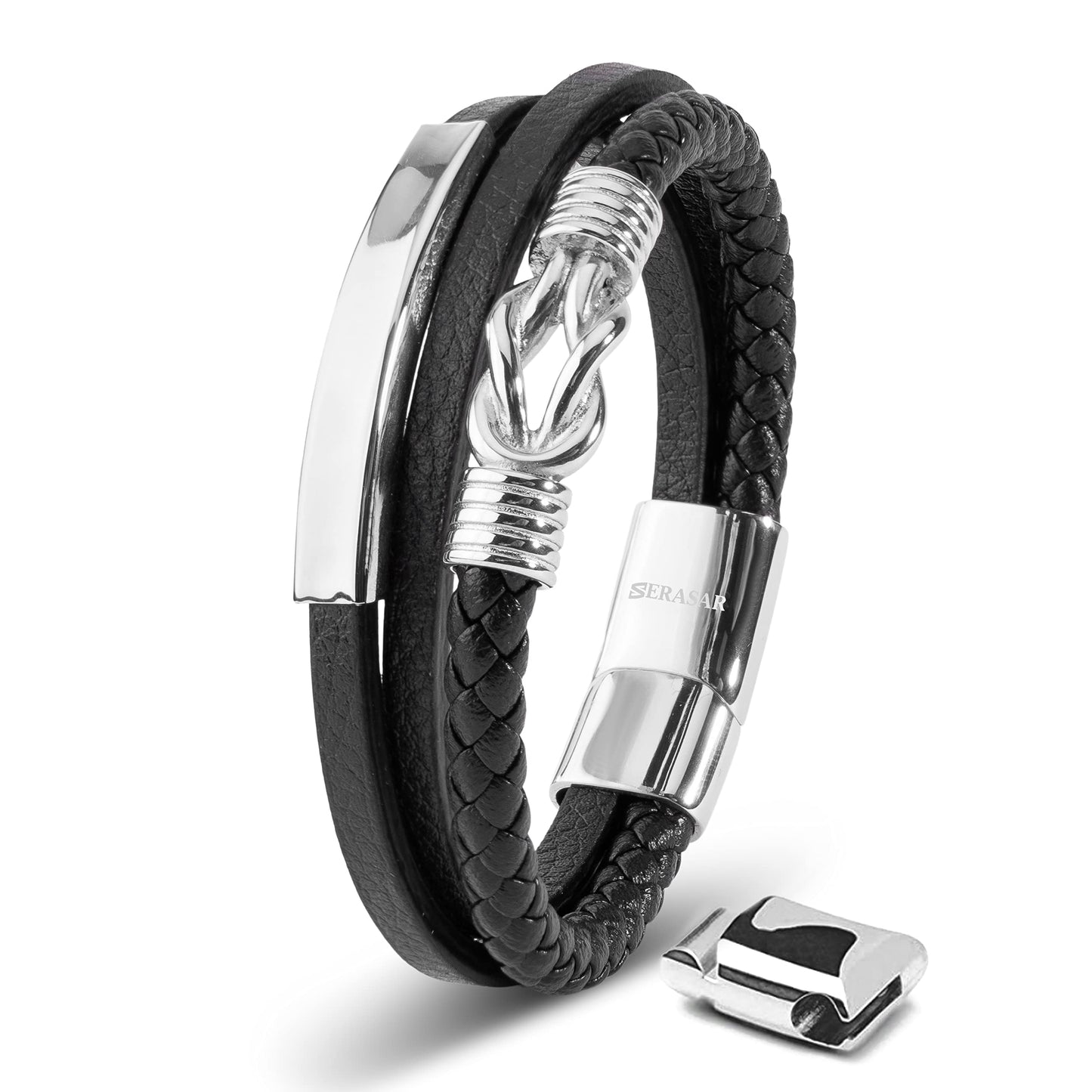 SERASAR Pulsera de cuero plateado para hombre 20cm Idea regalo Caja Piel vacuno trenzada genuino trenzado multicapa ajustable con cierre magnético