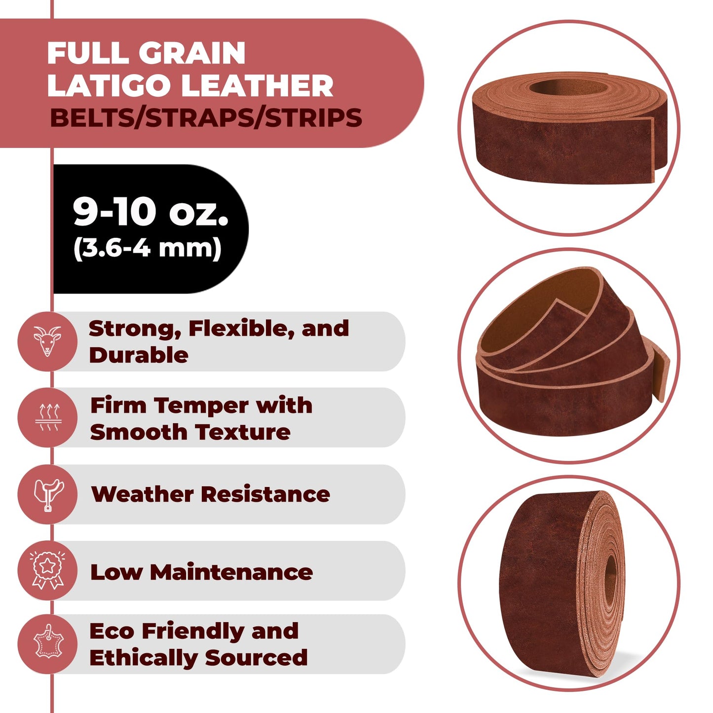 ELW 9-10 oz (3.6-4mm) Latigo Leather Belt Grade Straps & Strips | Size: 1.25"x84" (3.2x213cm) | Russet | Full Grain Cowhide, Heavy Duty Holsters, Sheathes, Harness, Saddle, Guitar Straps, DIY Crafts