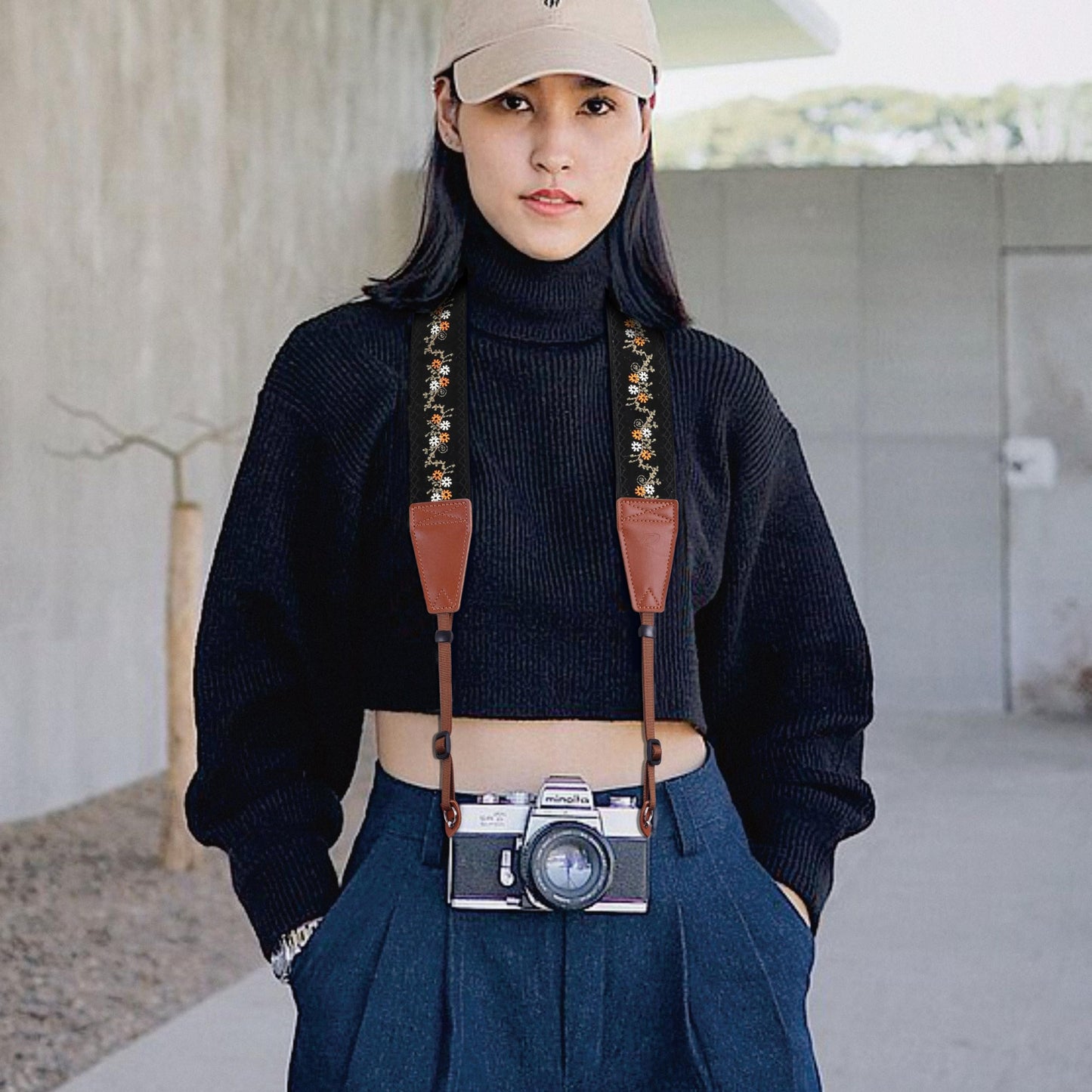 Padwa Lifestyle Camera Strap - 2" Full Grain Leather Ends Camera Straps for Photographers, Vintage Embroidered Cotton Weave Soft Suede Fabric Padded Strap Quick Release fits All Cameras