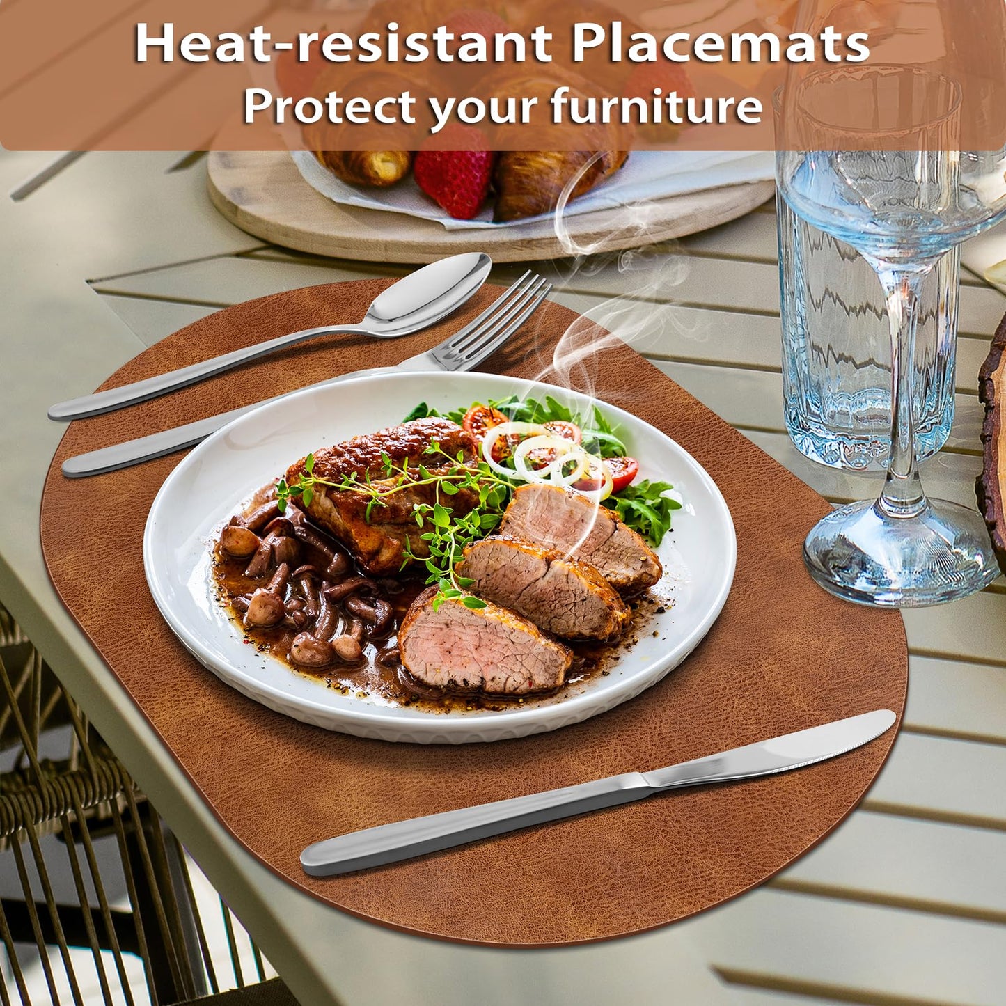 ADRIMER Placemats, Heat Resistant Oval Placemats Set of 12 Washable 12 x 17 Inch, Waterproof Table Mats, Wipeable Pu Place Mats for Kitchen, Dining Room, Turmeric Brown