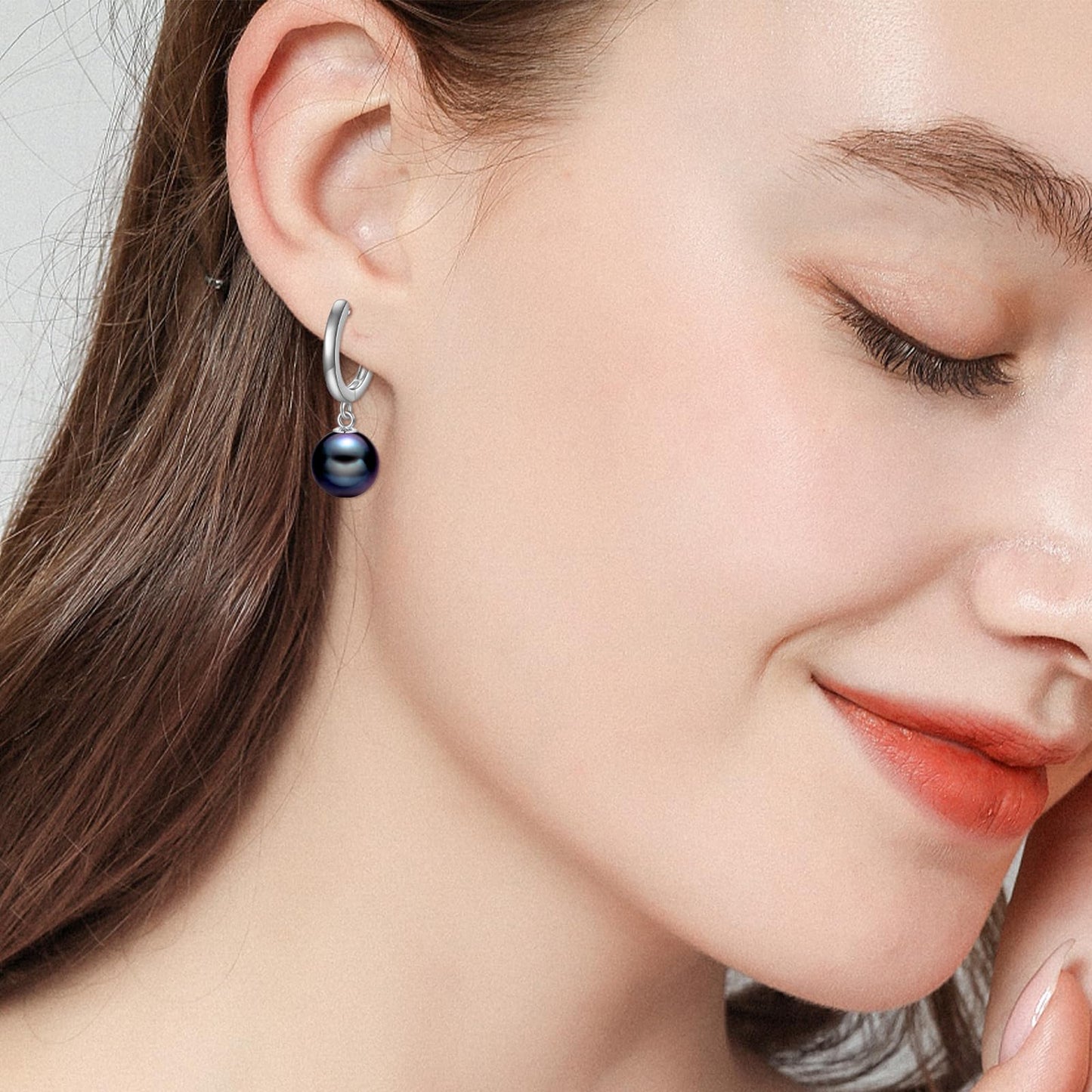 925 Sterling Silver Black Pearl Hoop Earrings Dangle Drop Jewelry Gifts for Women (Black Pearl)