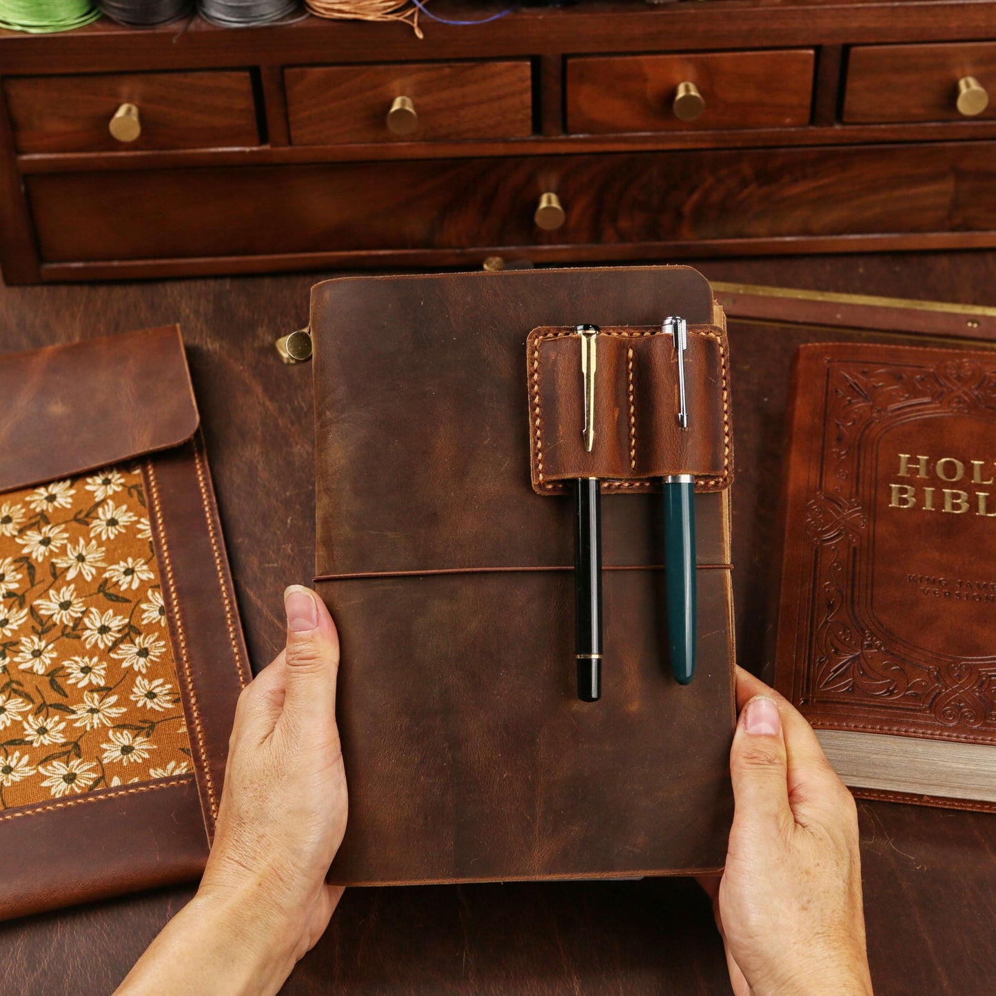 Handmade Leather Refillable A5 Travelers Notebook Cover, A5-8.3'' x 5.8''Leather Journal with 3 Inserts and Card Slots and Pen Holder