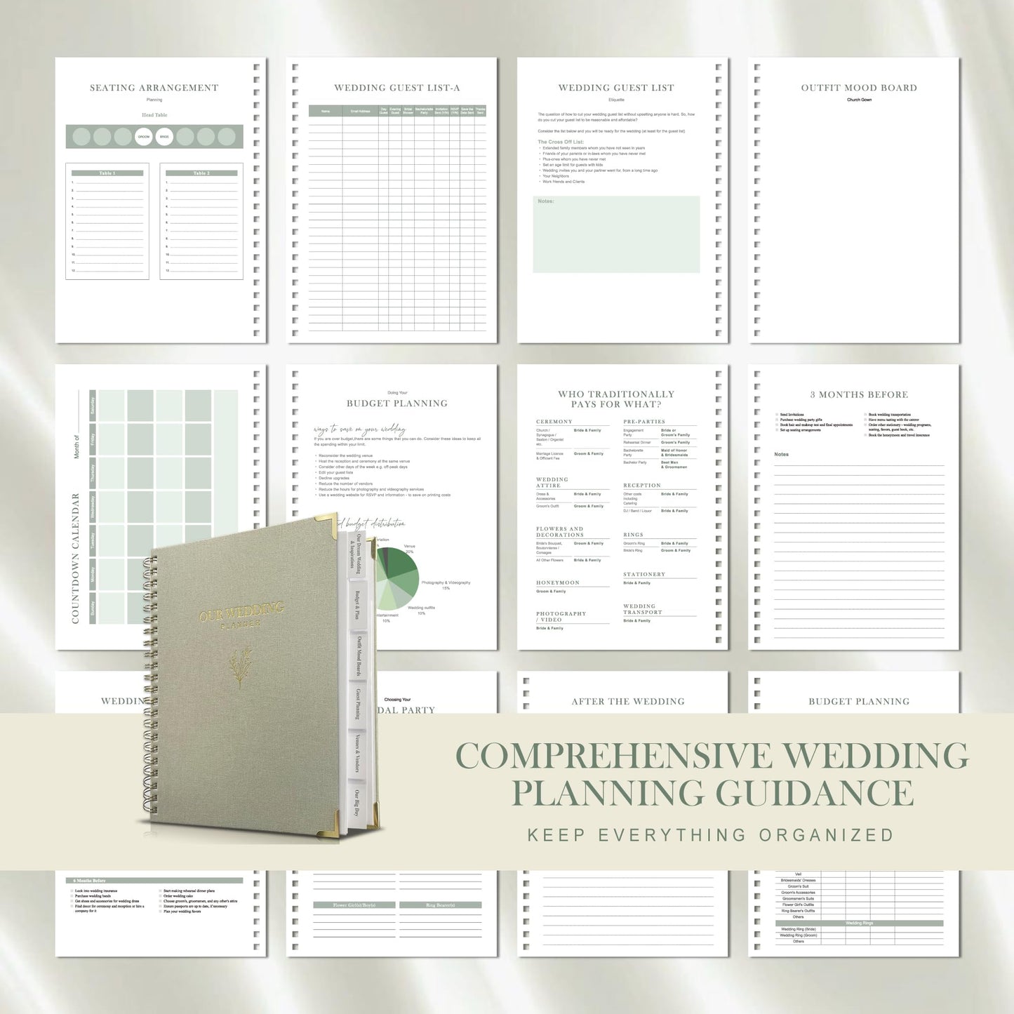 WeddingGiftsWedding Wedding Planner Book and Organizer for Bride - Elegant Linen Cover Wedding Planning Binder with Checklists,Pockets & Calendars,Perfect Engagement Gifts for Couples(Sage)