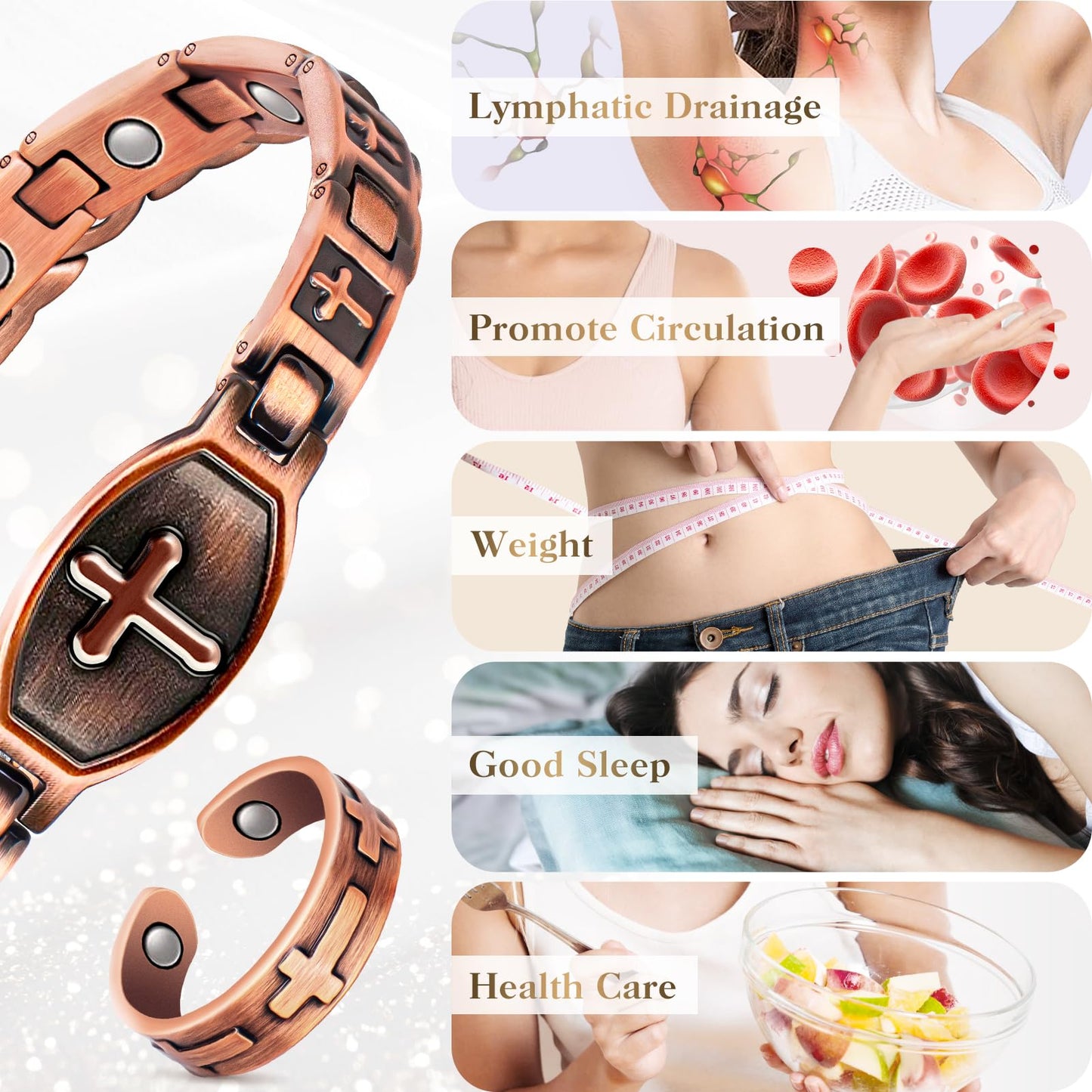 Mahnco Magnetic Copper Bracelet & Ring for Women, Lymph Detox Bracelet for Joint with 3500 Gauss Strong Magnets-Jewelry Gifts with Adjust Tool