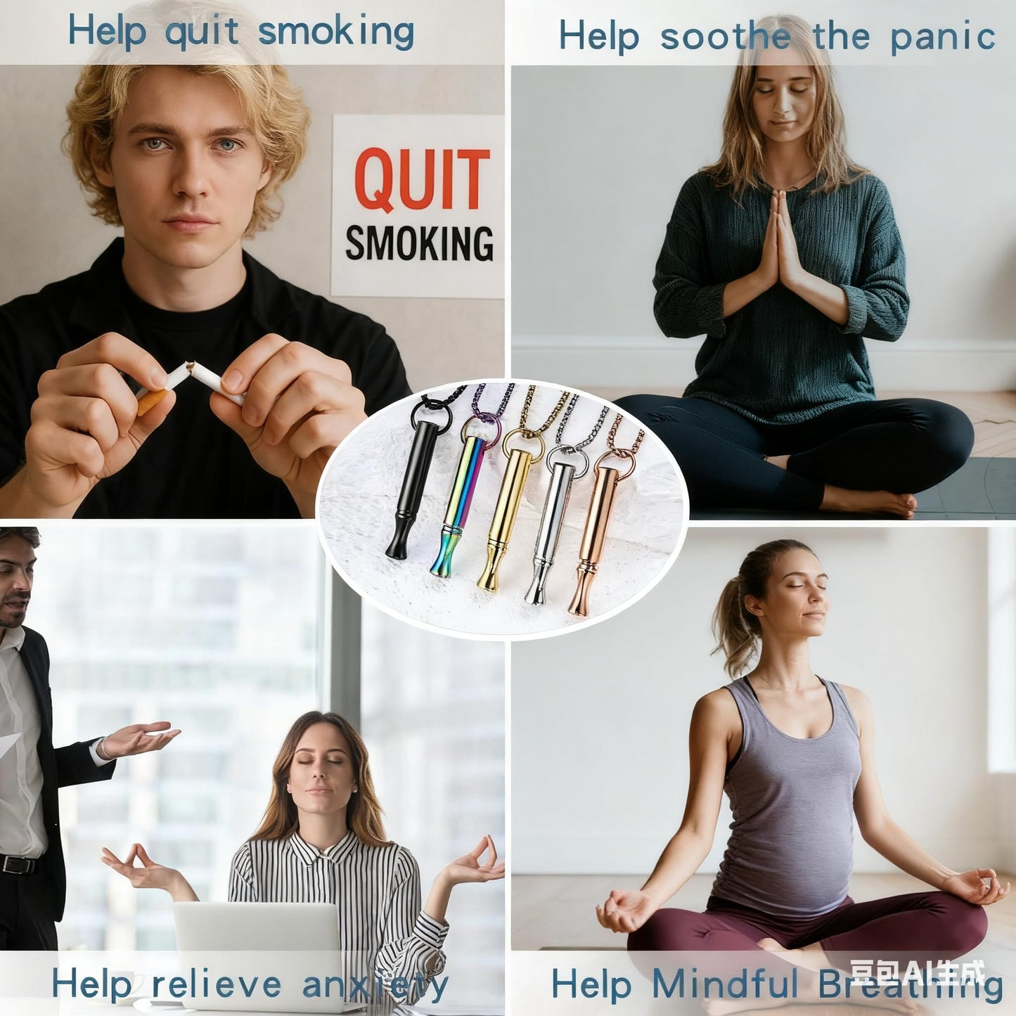 hooppoo Breathing Necklace for Calm & Focus - Personal Essential Oil Diffuser for Anxiety Relief, Quit Smoking, Yoga and Meditation - Reusable Stainless Steel Pendant for Women Men (Silver)
