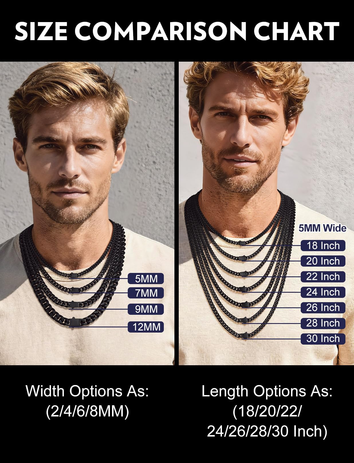 Bandmax Men Long Chain Necklaces 30 Inch Black Diamond Cut Miami Cuban Link Chain 5MM Wide Cubanas Cadenas Hombres Mens Stainless Steel Jewelry Gift for Men