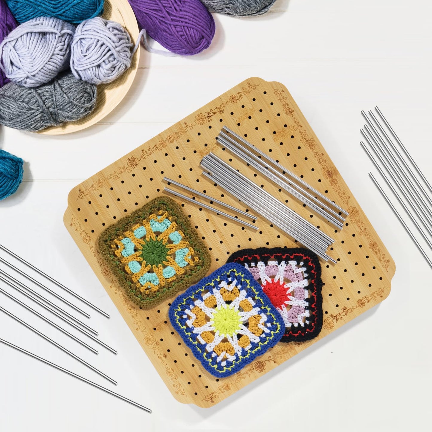 Crochet Blocking Board Wooden Granny Square for Crochet Projects Square Board Crocheting Accessories Gifts for Crocheters (Wood, Medium)