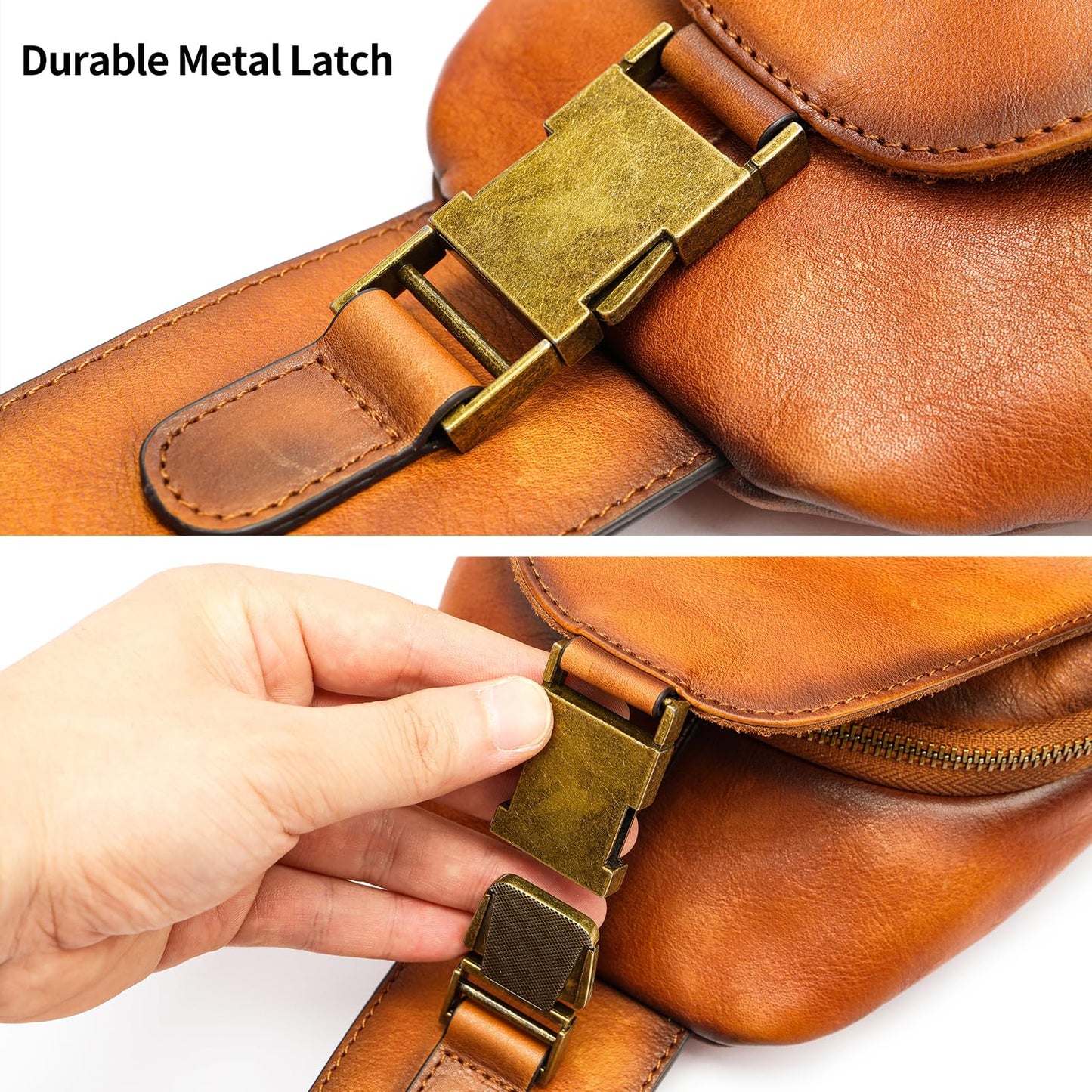 NIUCUNZH Genuine Leather Sling Bag Front Metal-Latch Crossbody Bags Handmade Vintage Chest Shoulder Backpack for Women Men Brown
