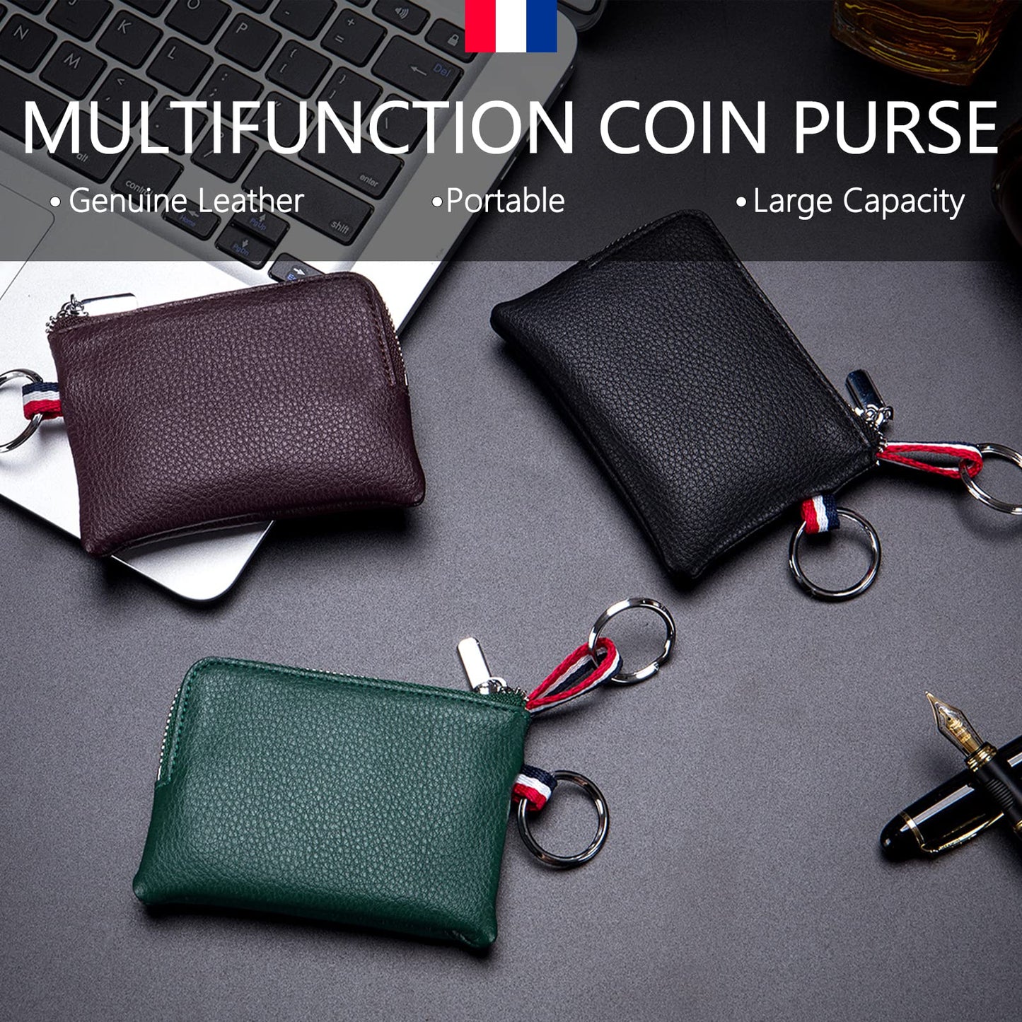 Plinvo Mini Genuine Leather Wallet Coin Purse with Dual Keyrings Compact Change Pouch and Card Holder for Men and Women (Dark green)