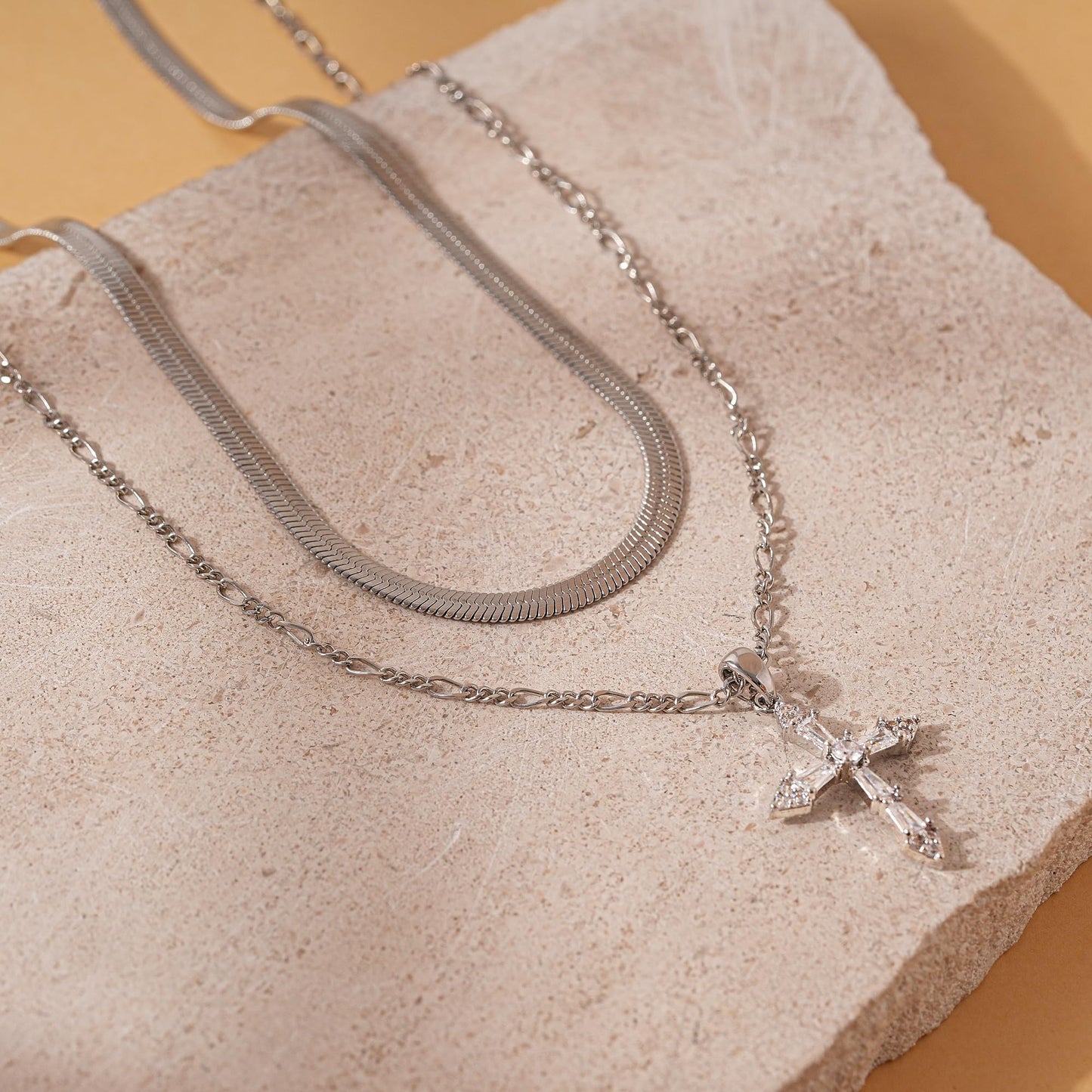 ANDKISS Layered Cross Necklace for Women - Dainty 14K Silver Plated Stacked Necklaces Trendy Snake Chian Cross Pendant Necklace Jewelry Gifts Christmas Women