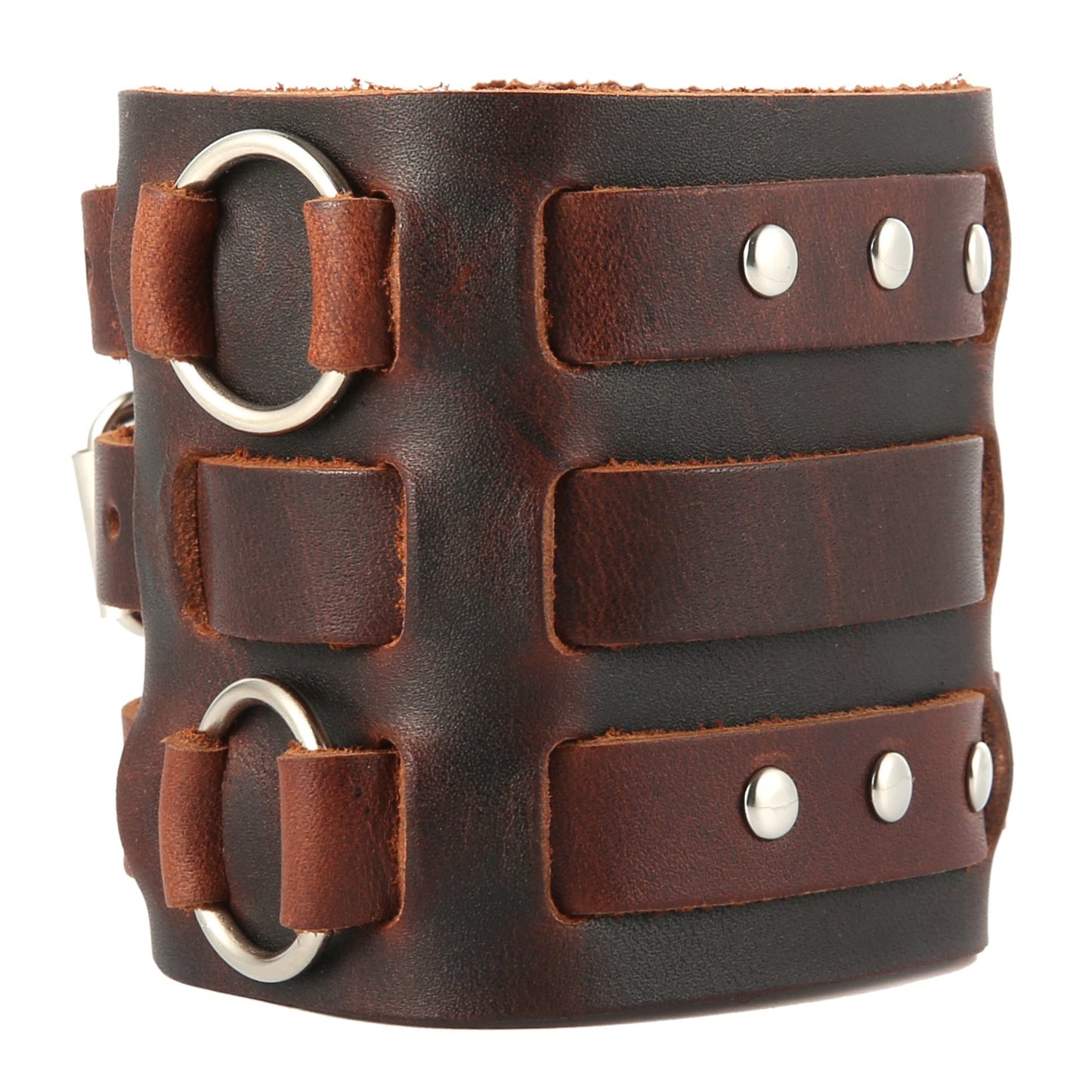 HZMAN Men's Alloy Ring Genuine Leather Bracelet Bangle Cuff Silver Tone Adjustable (Brown)