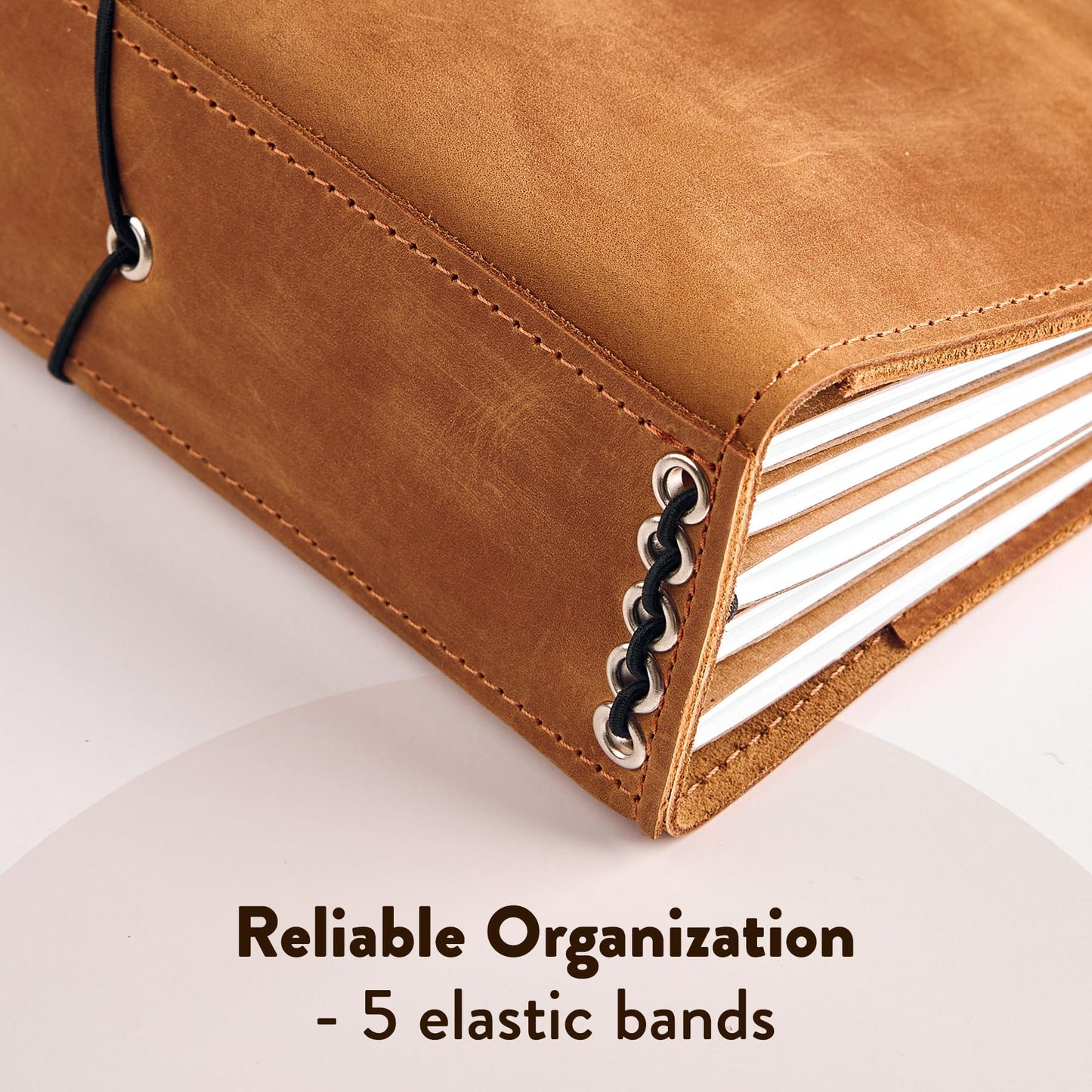 TORAKIP Leather Travel Notebook Cover A5 – Refillable Journal Organizer with 5 Elastic Bands, Pen Holder & Interior Pockets, Genuine Leather Planner Cover for Writing (Notebook Not Included), Caramel Brown