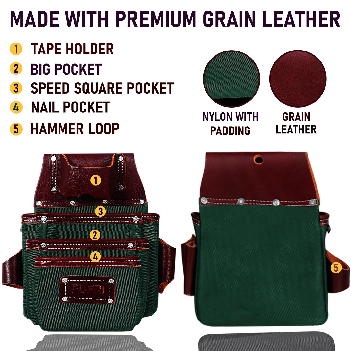FUERI Electrician's Heavy Duty 26 Pocket Leather-Nylon Tool Belt & Bag Combo for Men, Comfort Back Support Padded Belt, 2 Large Storage Capacity Pouches, Best for Framers, Carpenter, Roofing